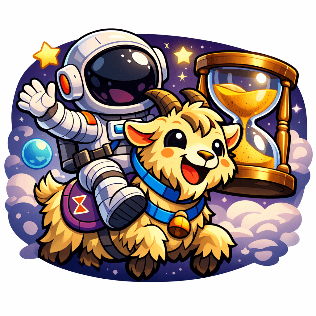 GoaTime astronaut, goat mascot, and golden hourglass illustration