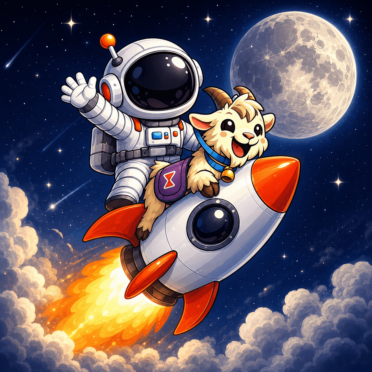 GoaTime astronaut and goat mascot riding a rocket through space